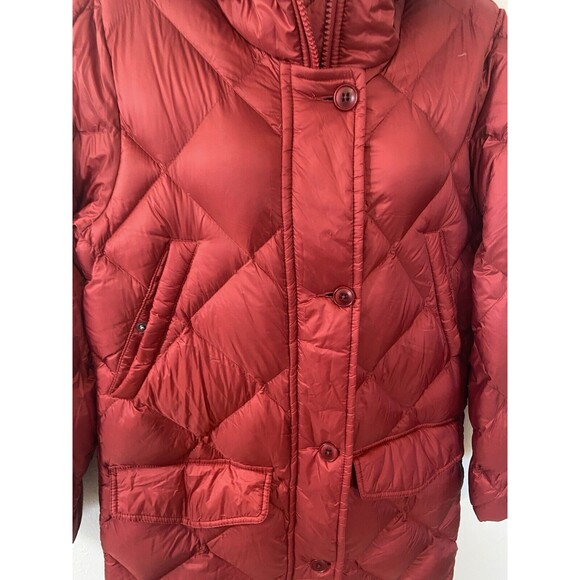 Abercrombie Fitch Down Quilted Jacket Medium Burgundy Womens Hooded Long Button - Picture 2 of 16